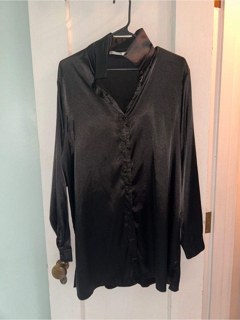 Black Satin Button-Up Shirt/Dress- Women